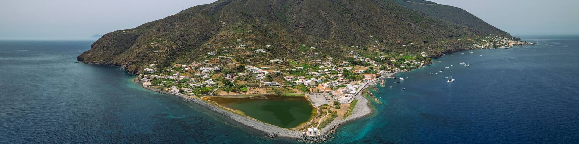 Aerial view of Santa Marina Salina, Salina Island, Aeolian Islands archipelagos, Sicily, Italy.