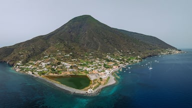 An island with a central peak, a small lake, and a coastal town with buildings and boats.
