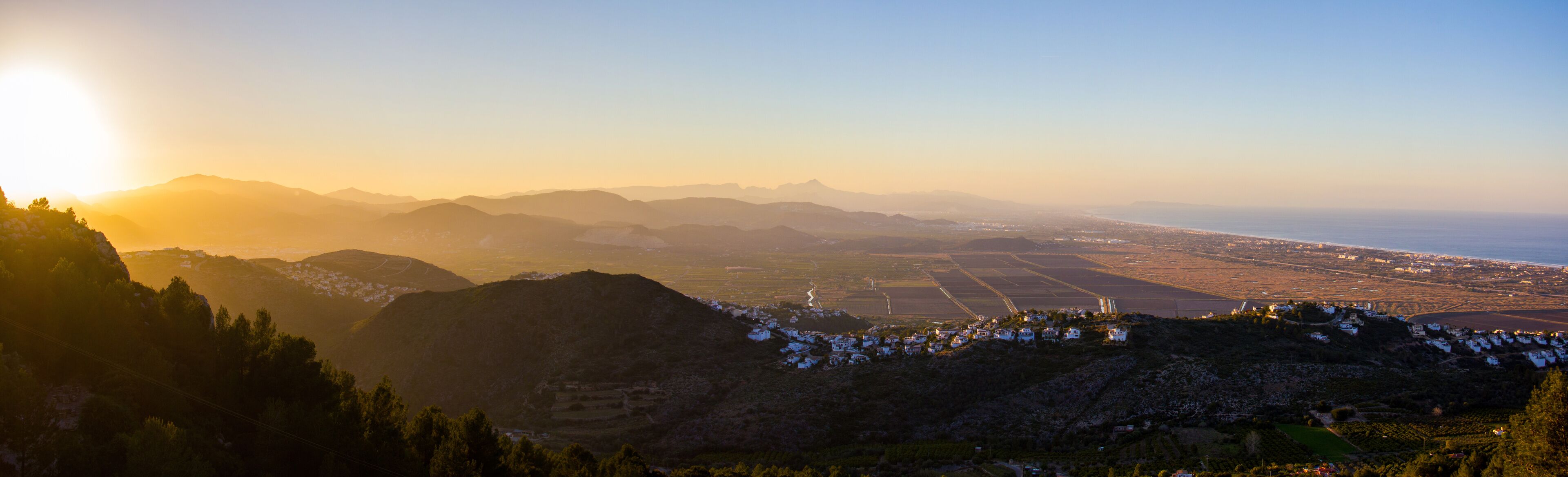 Panoramic view of Marjal wetland narural park in Pego, Spain, at sunset. View from Segaria mountain.