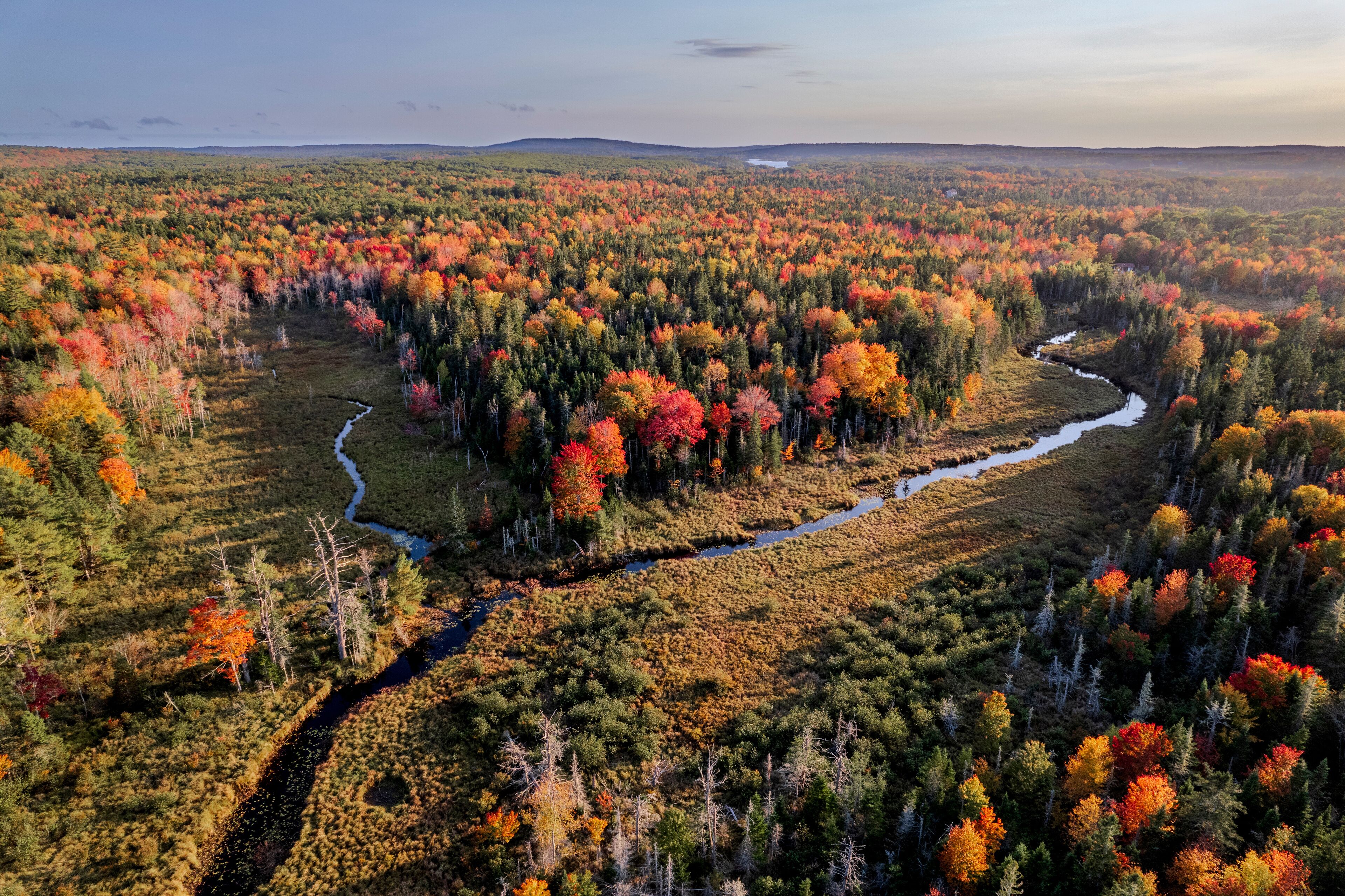 A river winding through a forest with autumn foliage.