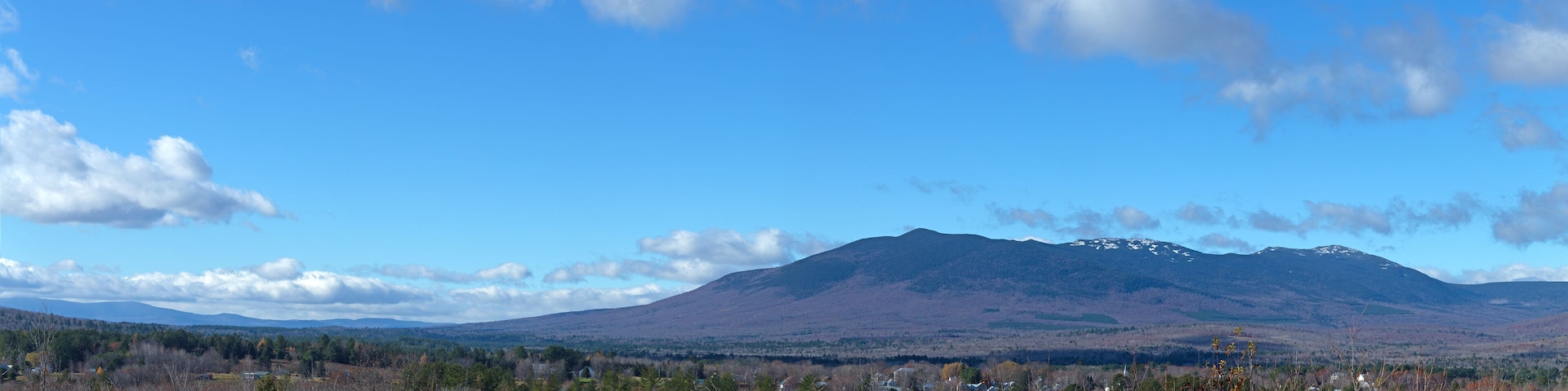 Panoramic view of Kingfield Maine in the late fall with Mount Abram in the distance.