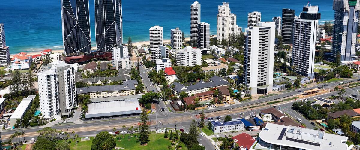 Aerial View of Broadbeach Skyline and Coastline in Gold Coast Australia