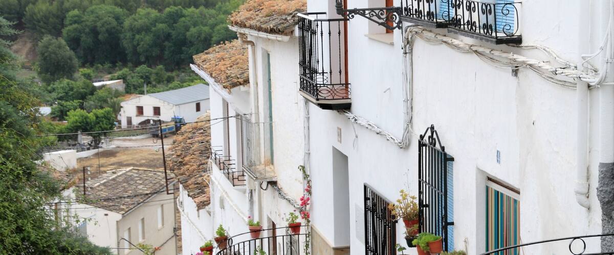 A cobblestone street with white buildings, blue shutters, and potted plants.
