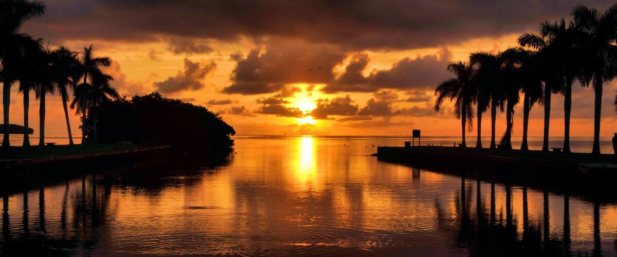 A sunset over a calm body of water with palm trees on both sides.