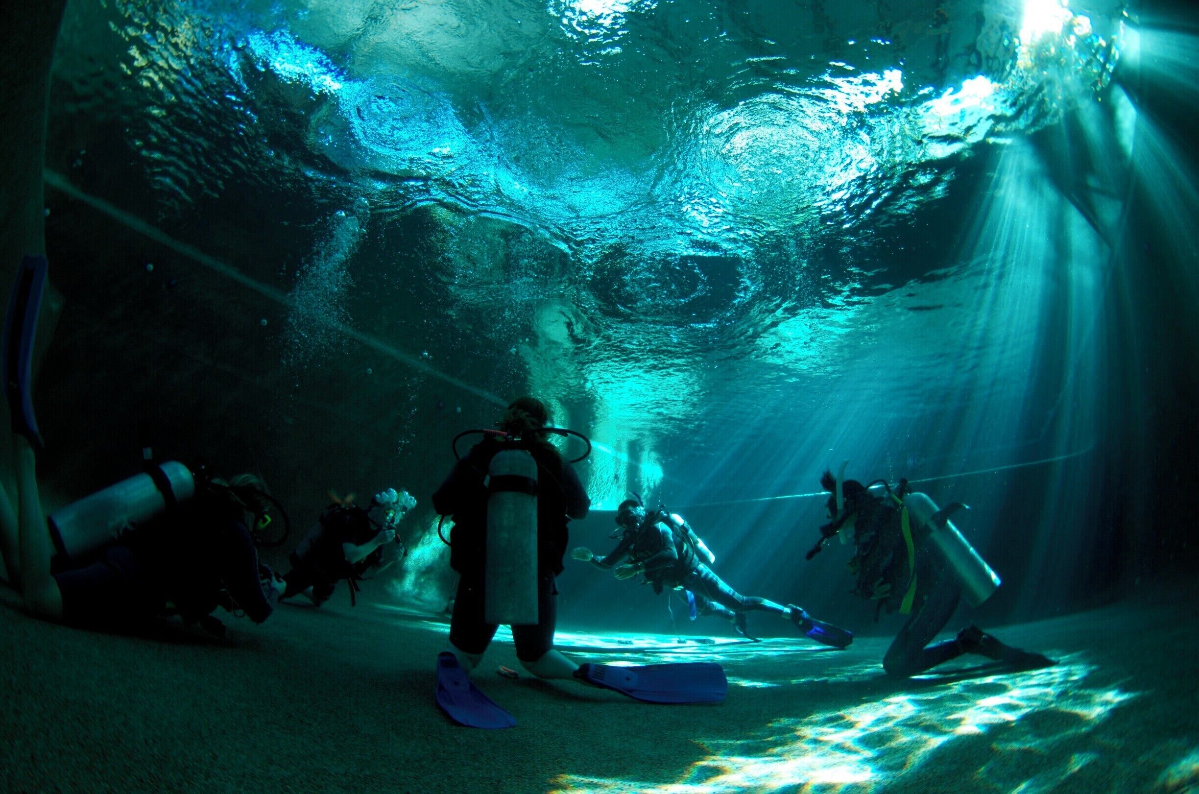 Our heated pool is covered over. Not only to protect our students from the sun - it's covered with solar panels which power our entire dive centre!