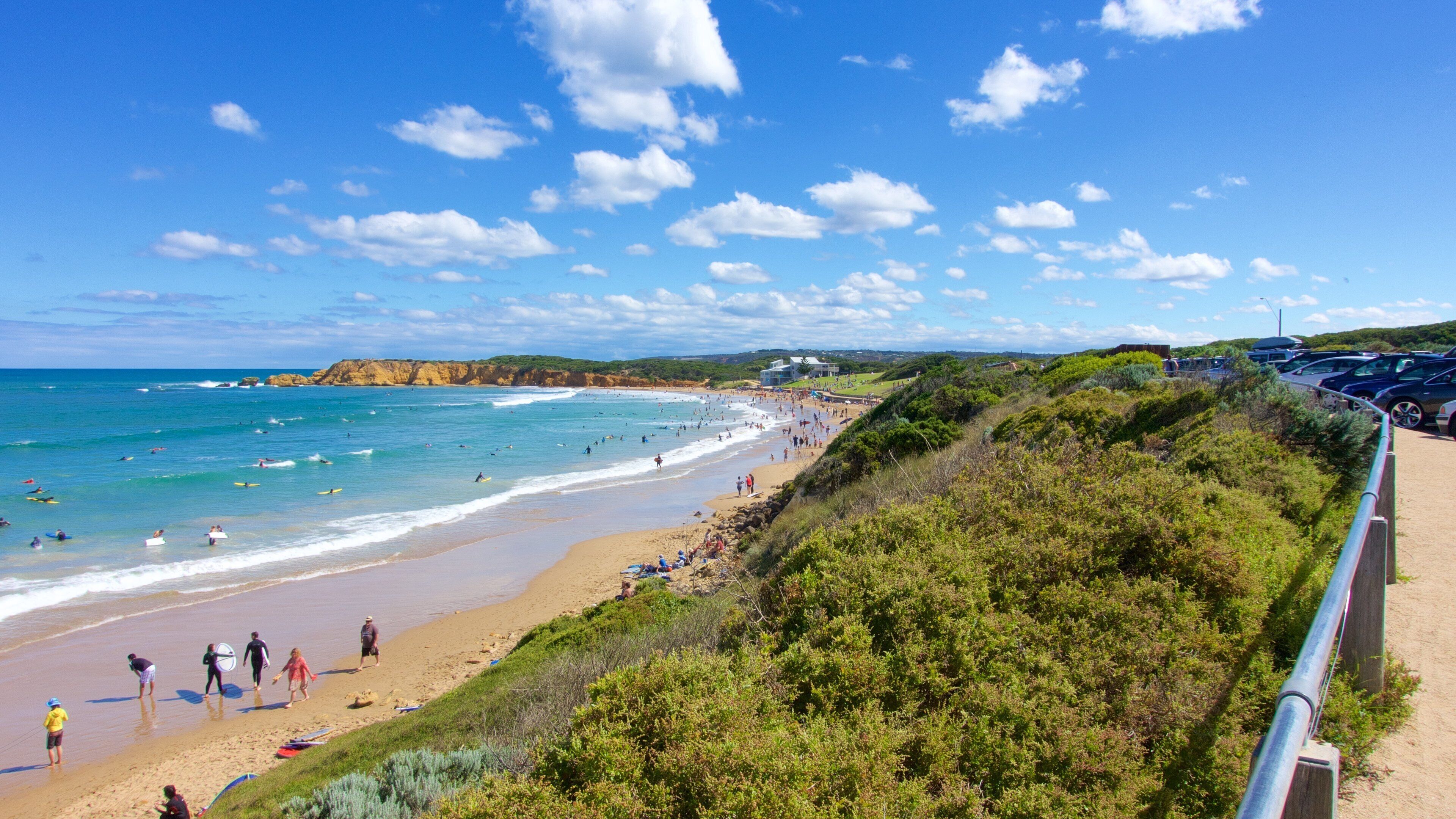A beach with people swimming and surfing, a parking lot, and a hilly landscape with greenery.
