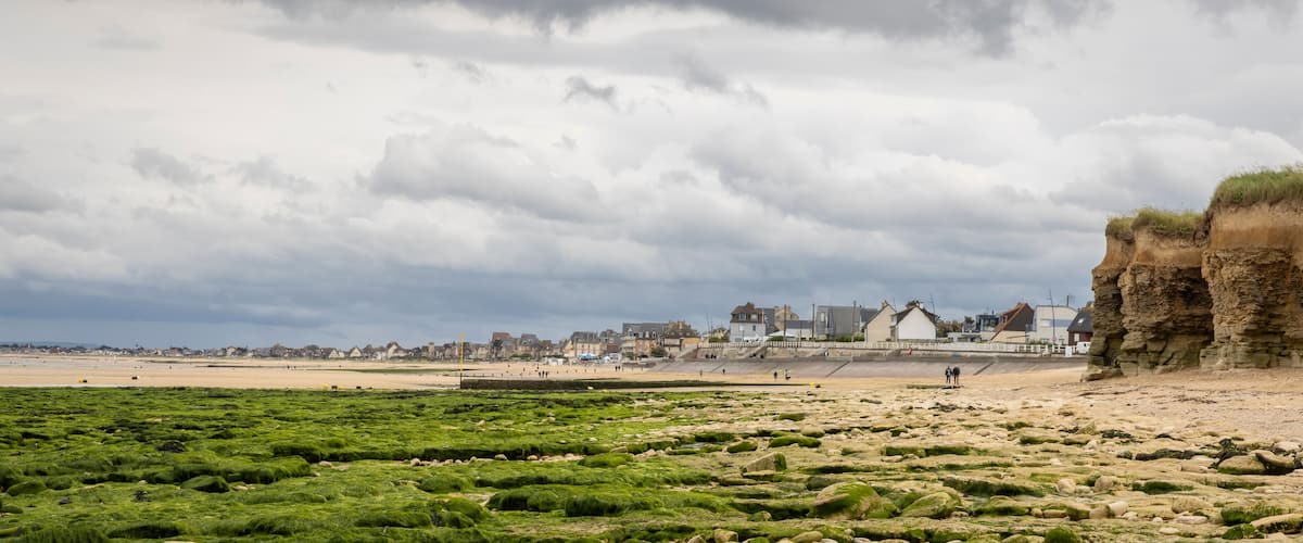 A coastal landscape with green algae-covered rocks, a sandy beach, and a town in the background under a cloudy sky.