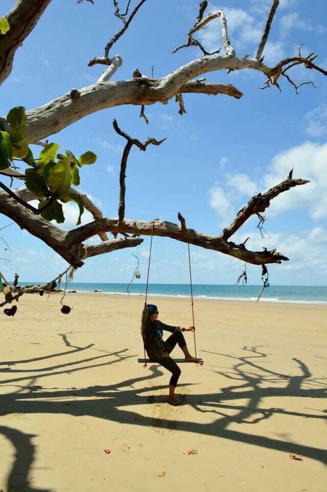 Una persona sentada en un columpio sujetado a una rama gruesa y seca de un árbol, en una playa arenosa con el océano al fondo.