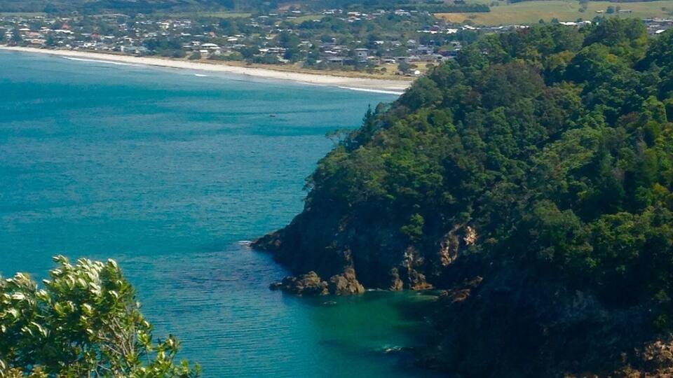 A coastal landscape with a beach, a town in the distance, and a forested hill.