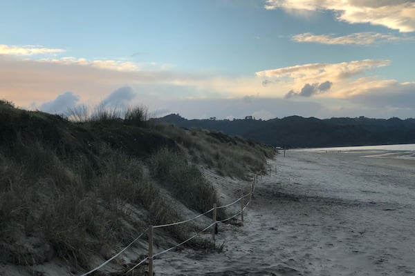 Uma praia arenosa com dunas e montanhas ao longe.
