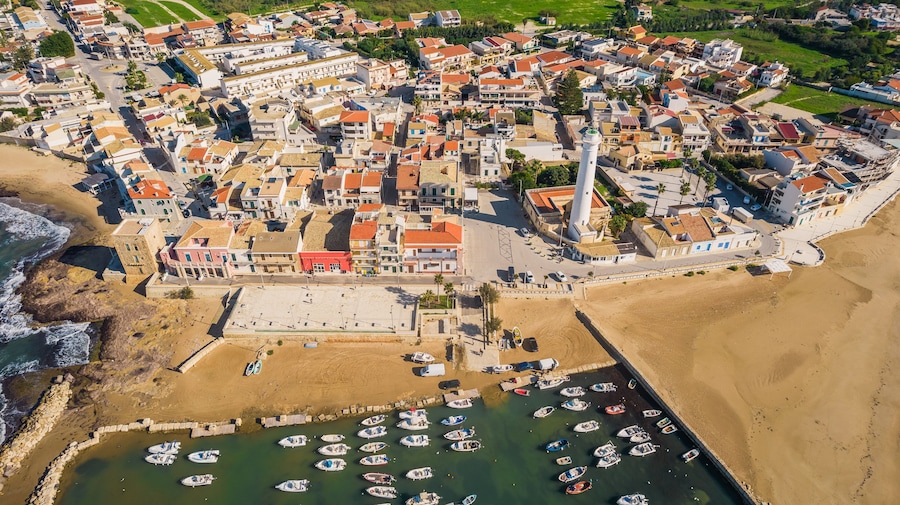 Aerial View of Punta Secca, Santa Croce Camerina, Ragusa, Sicily, Italy, Europe