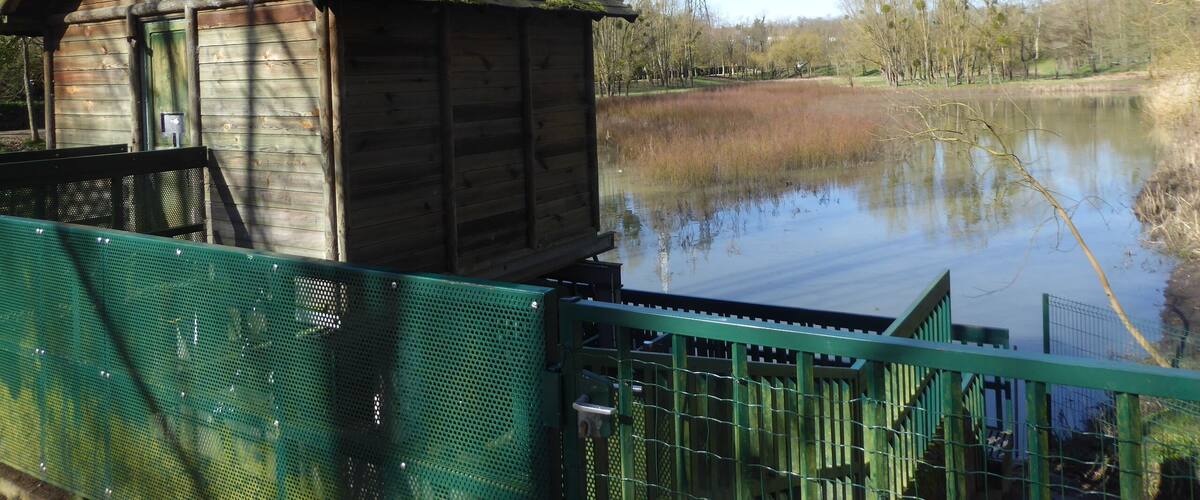 A wooden boathouse by a calm lake with a green metal fence.