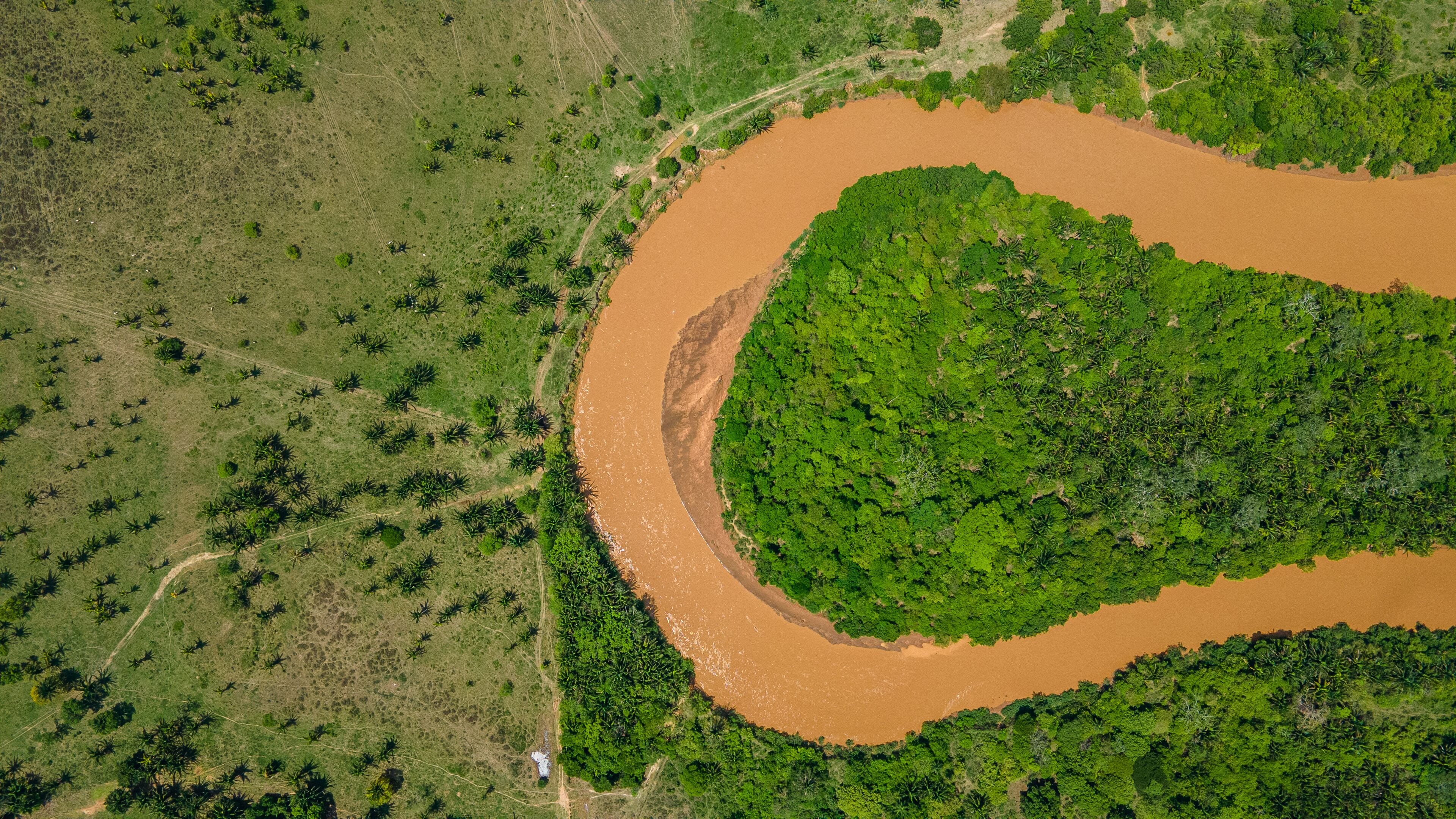 Aerial view of a winding river through Hato La Aurora, Casanare, Colombia