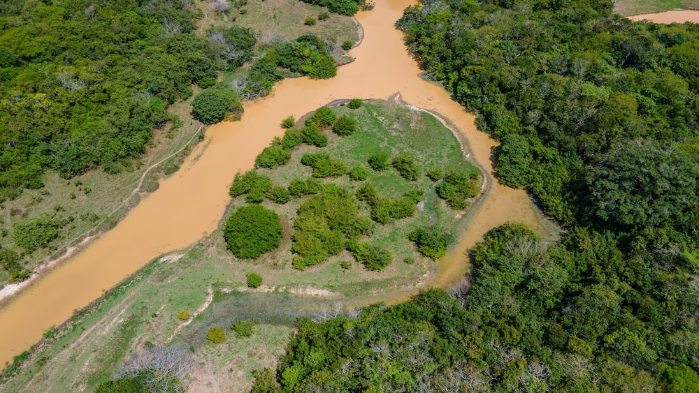 Aerial view of a winding river through lush green landscape at Hato La Aurora, Casanare, Colombia