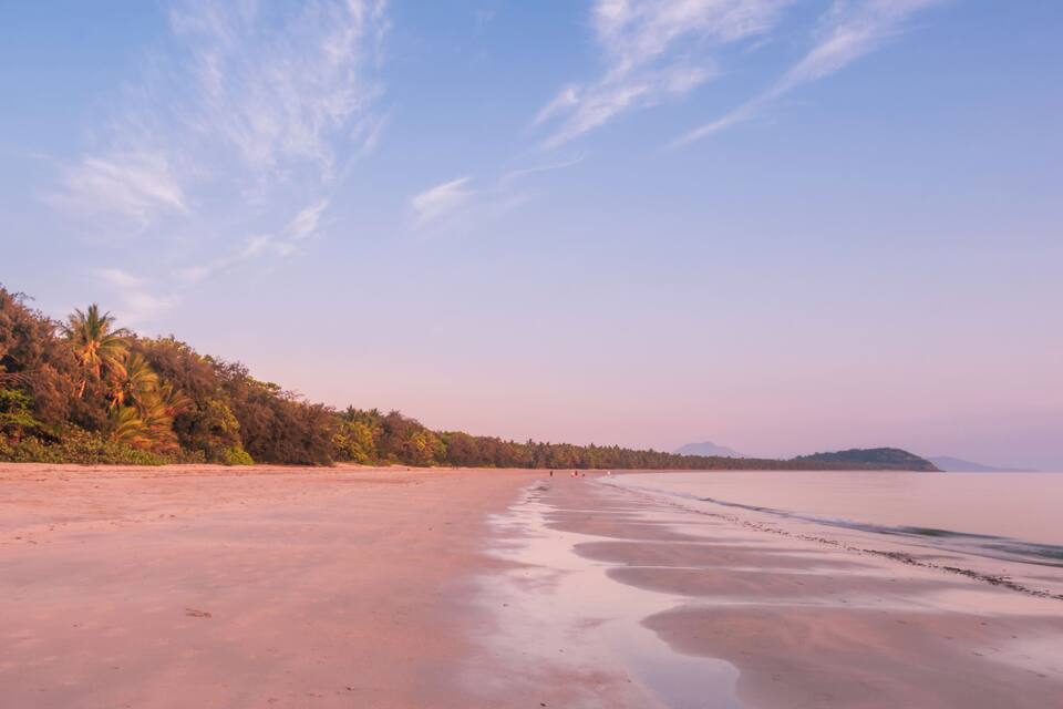 A beach with a calm sea, a sandy shore, and a line of trees in the background.