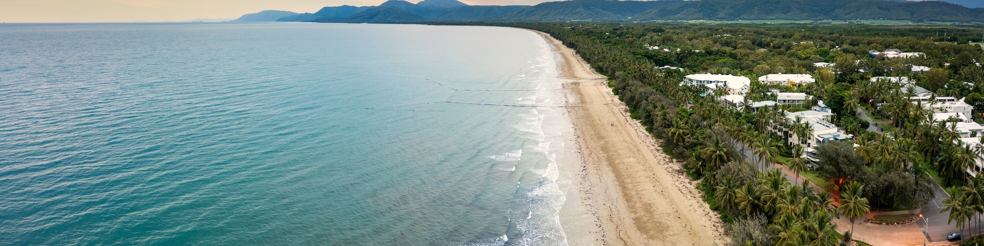 Paisaje costero con playa, océano y zona residencial con casas y palmeras.