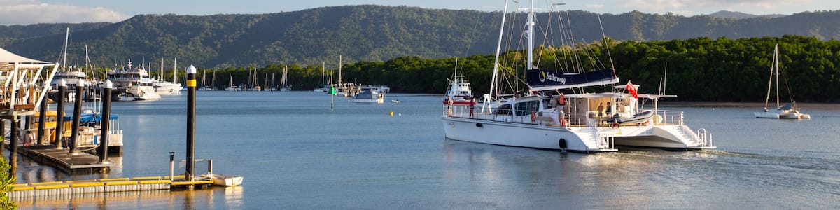A marina with several sailboats docked, surrounded by a forested landscape and hills in the background.