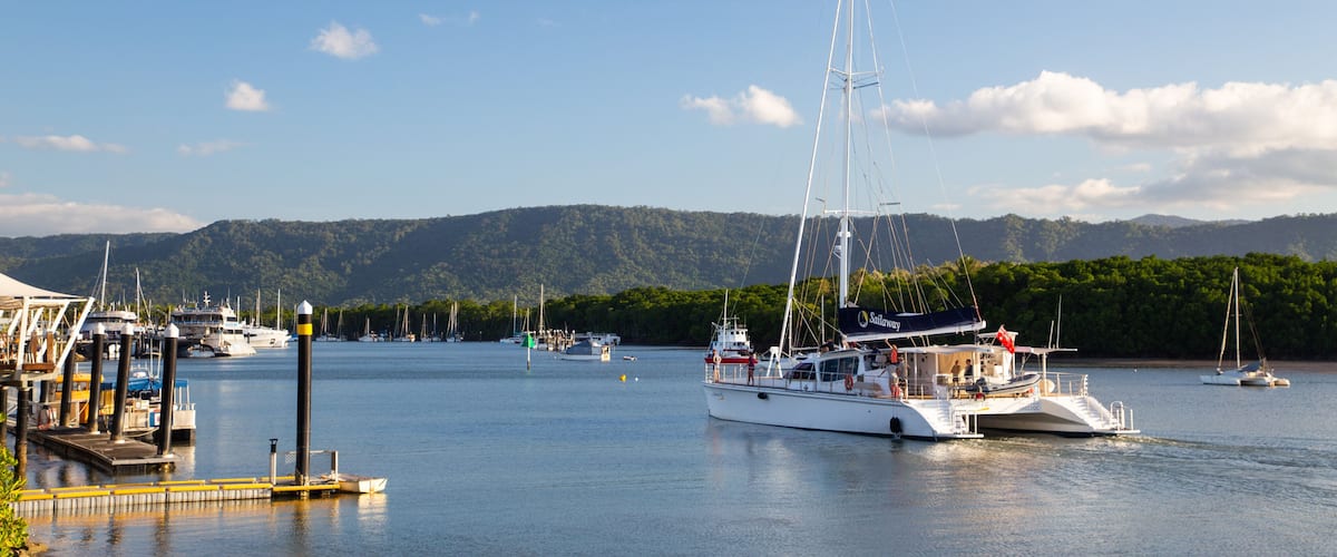A marina with several sailboats docked, surrounded by a forested landscape and hills in the background.