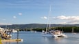 A marina with several sailboats docked, surrounded by a forested landscape and hills in the background.