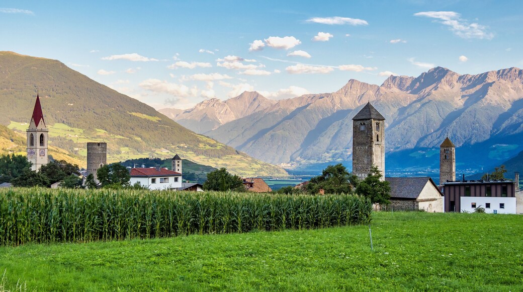 Val Venosta, Vinschgau, Alto Adige, Italy. View over Mals in South Tyrol