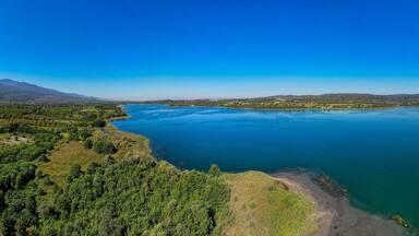 SAPANCA LAKE in SAPANCA, SAKARYA, TURKEY. Beautiful lake landscape. Aerial view with drone.