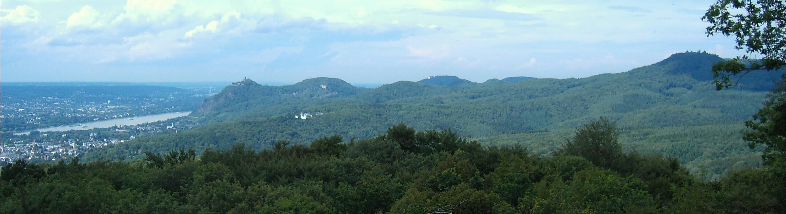 A mountainous landscape with dense forests and a river in the valley.