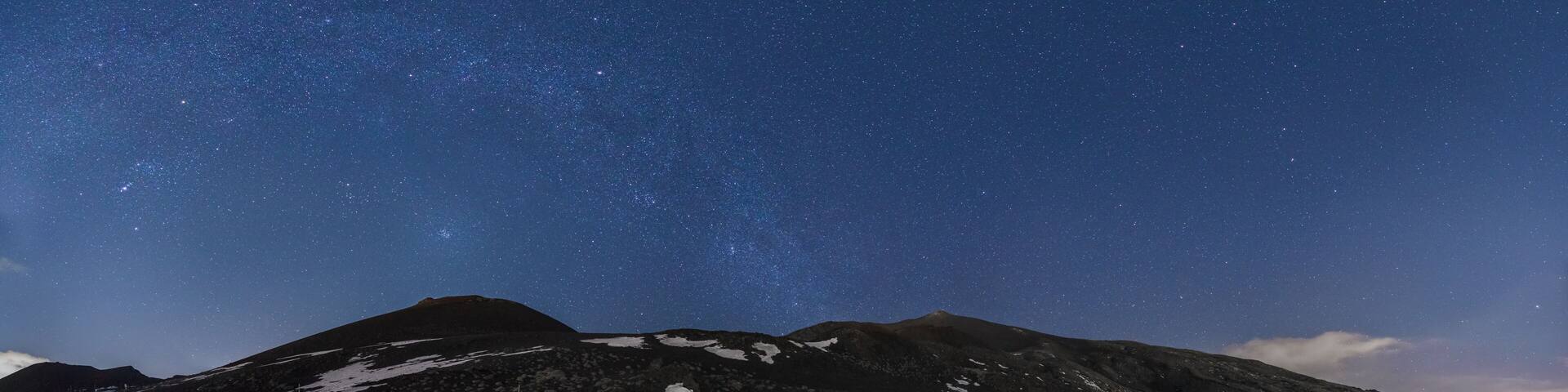 Panorama of volcanic landscape of Mount Etna with camper van under night sky with Milky Way during winter time, Catania, Sicily, Italy