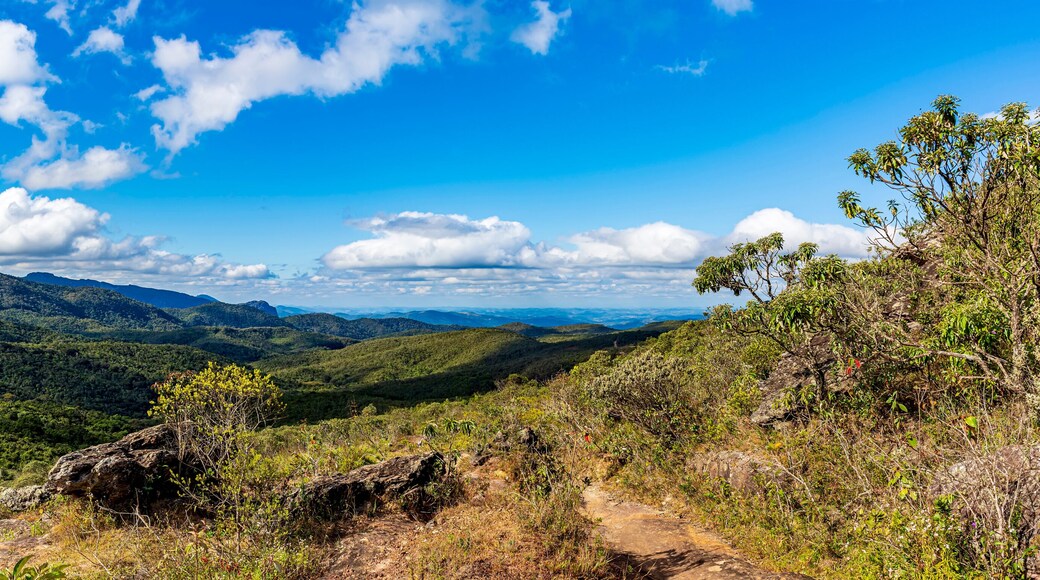 Panoramic image of the mountain ranges with their rocks and vegetation and typical forests of the state of Minas Gerais in Brazil on a sunny day