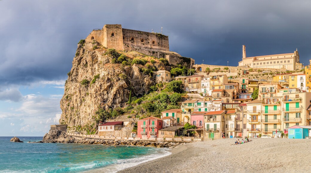 Beach of Scilla with Castello Ruffo, Calabria, Italy