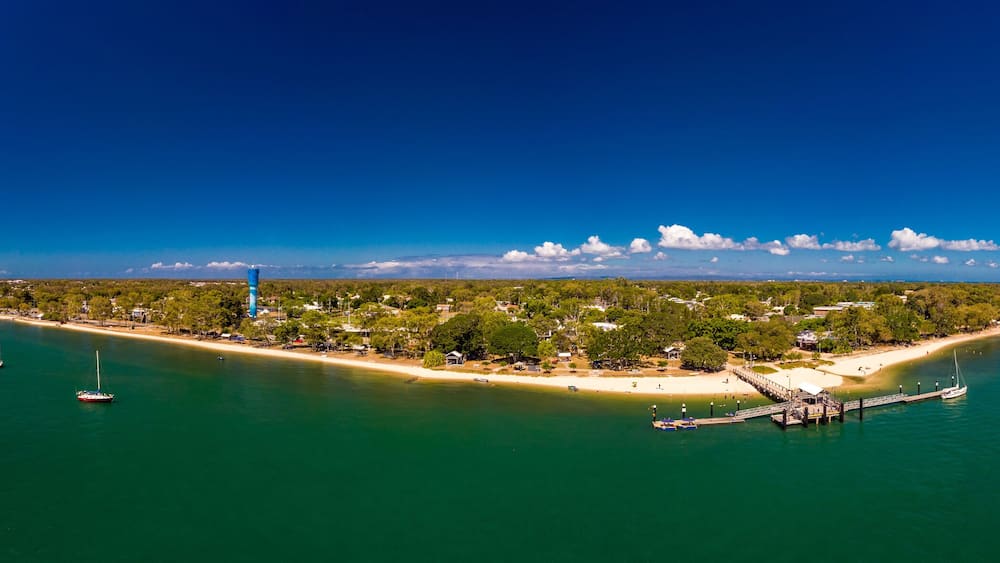 Aerial drone view of Bongaree Jetty on Bribie Island, Sunshine Coast, Australia