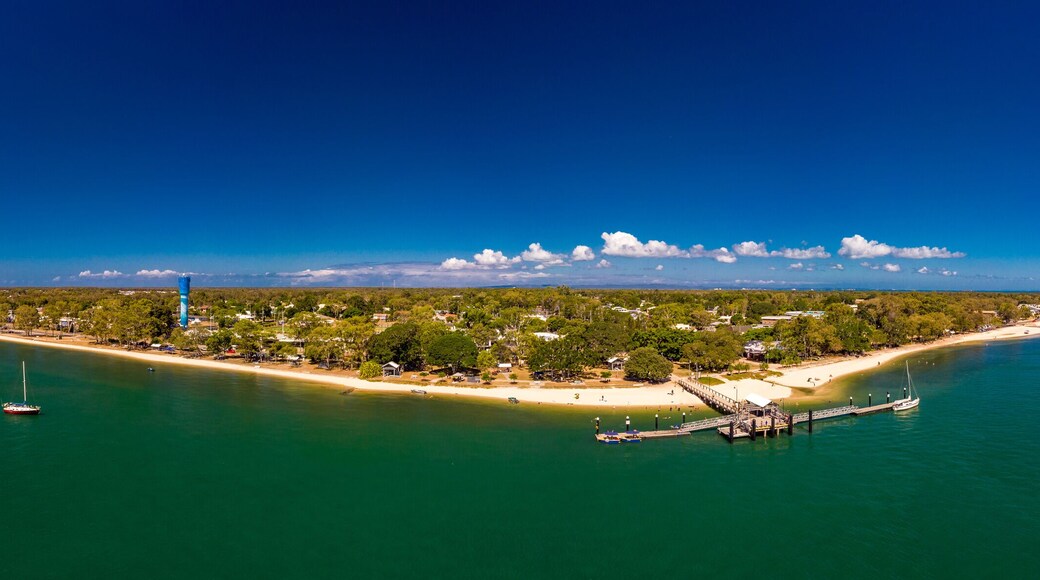 Aerial drone view of Bongaree Jetty on Bribie Island, Sunshine Coast, Australia