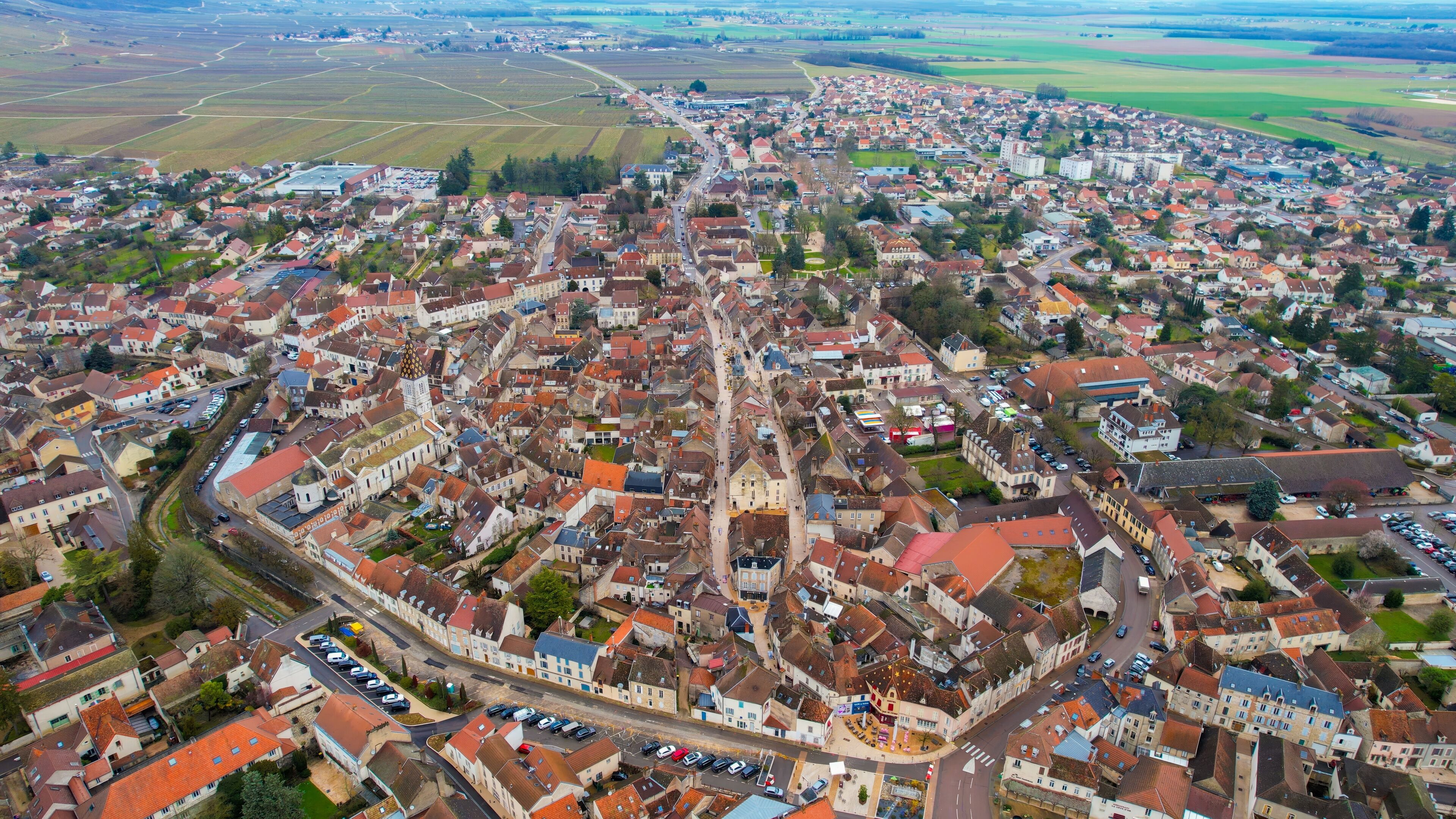 An aerial view of a densely packed town with red-roofed buildings, a central road, and surrounding fields.
