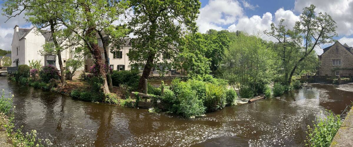 A river with buildings and trees along the banks.