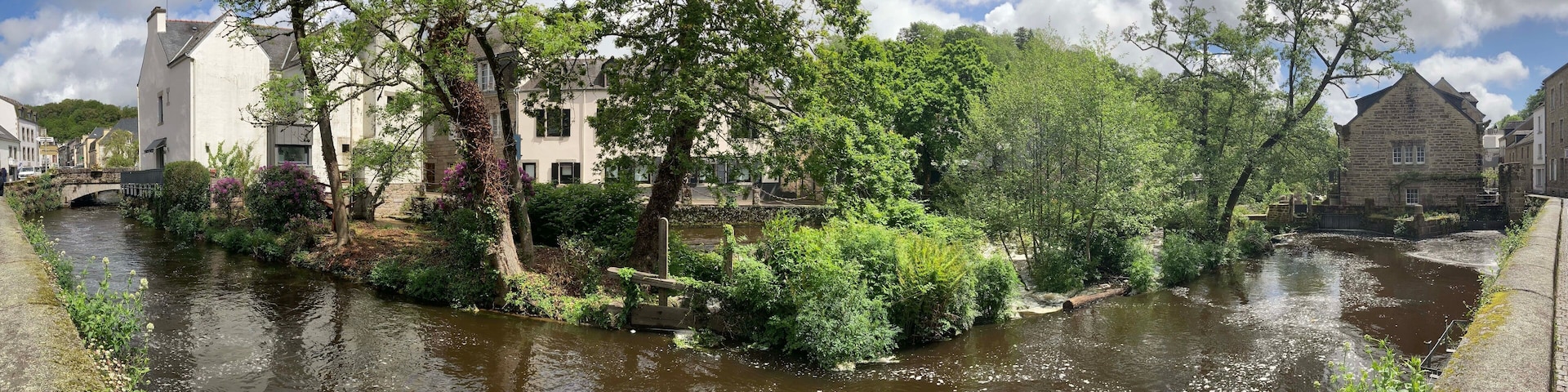 A river with buildings and trees along the banks.