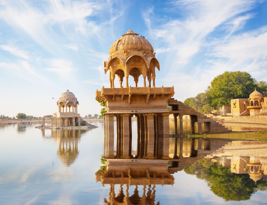Indian landmarks - Gadi Sagar temple on Gadisar lake - Jaisalmer, Rajasthan, north India