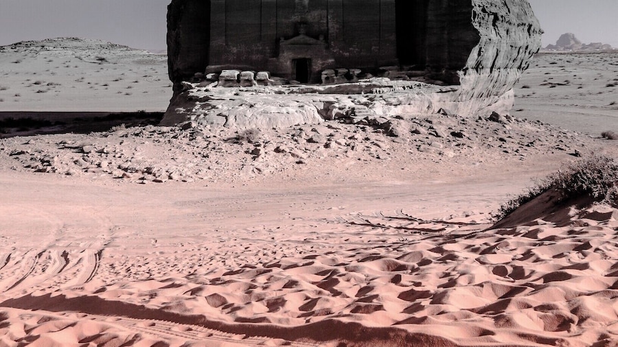 “Qasr al-Farid” means “the lonely castle”, so called because it stands completely isolated from the others. But despite its fanciful name, Qasr al-Farid is only a tomb. It was carved out of a single rock sometime in the first century A.D., but its facade was never finished which makes the tomb an interesting study. The heavily chiselled surface of the lower third documents how these tombs were fashioned from the top down. Qasr al-Farid is just one of ninety-odd such monumental tombs carved here during the heyday of the Nabataeans.