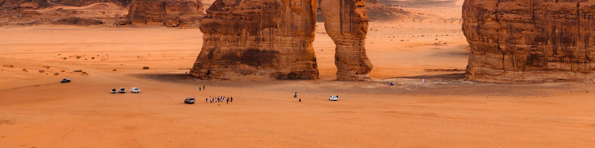 The famous Elephant Rock and it's surrounding valley in the desert. An image from Al Ula, Saudi Arabia.