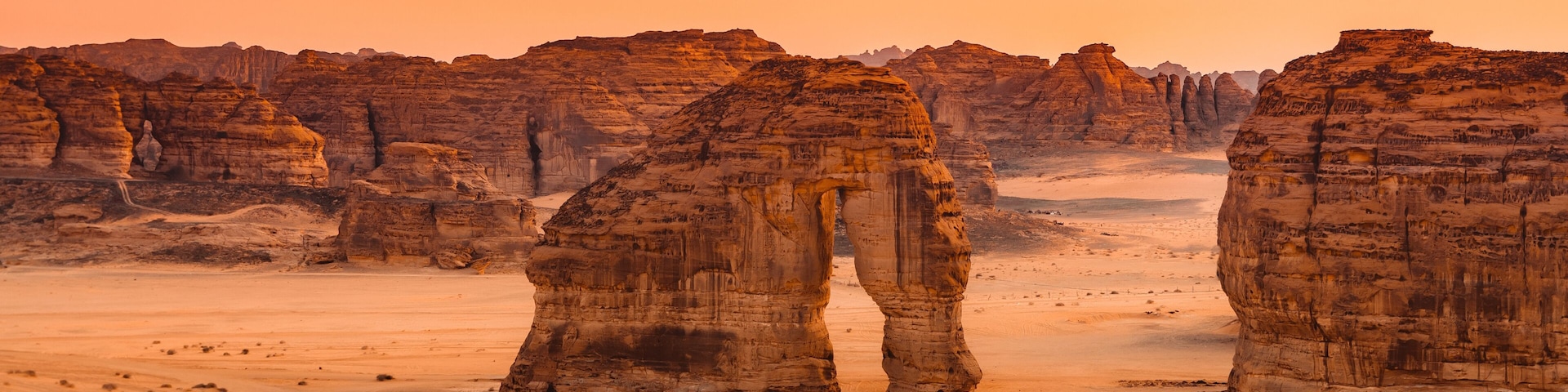The famous Elephant Rock and it's surrounding valley in the desert. An image from Al Ula, Saudi Arabia.