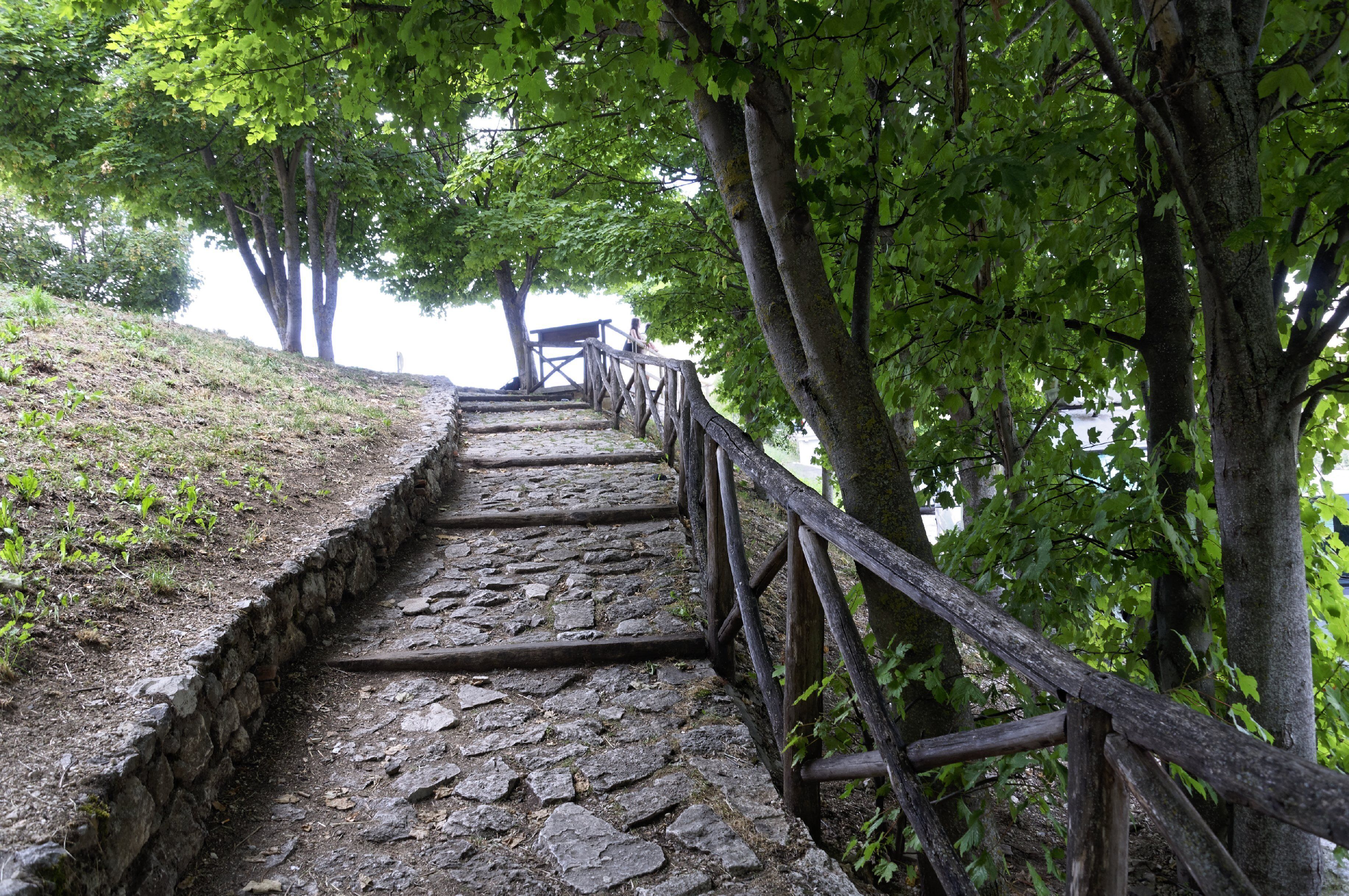 Escadaria de pedra com guarda-corpos de madeira serpenteando por uma colina, em meio à vegetação.