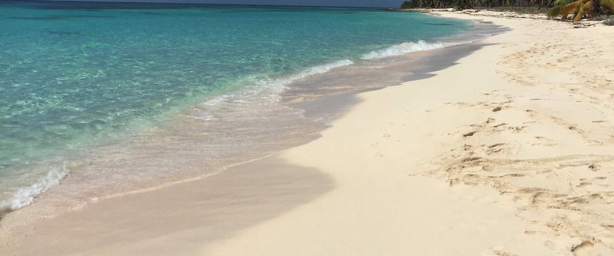 A beach with clear turquoise water, white sand, and palm trees under a partly cloudy sky.