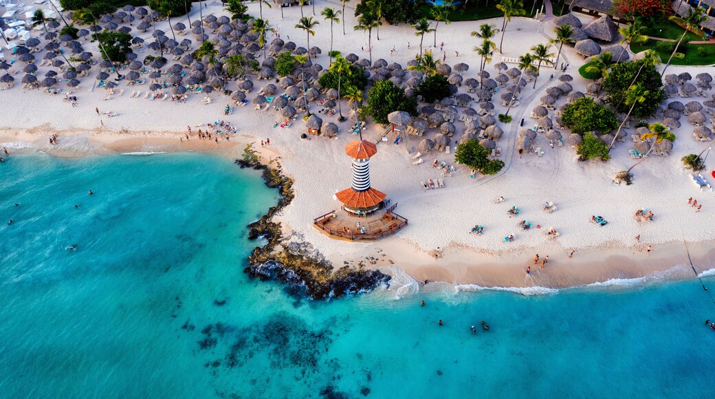 Dominican Republic Bayahibe beach Lighthouse aerial photo by drone. Crystal clear sea with beautiful beach.