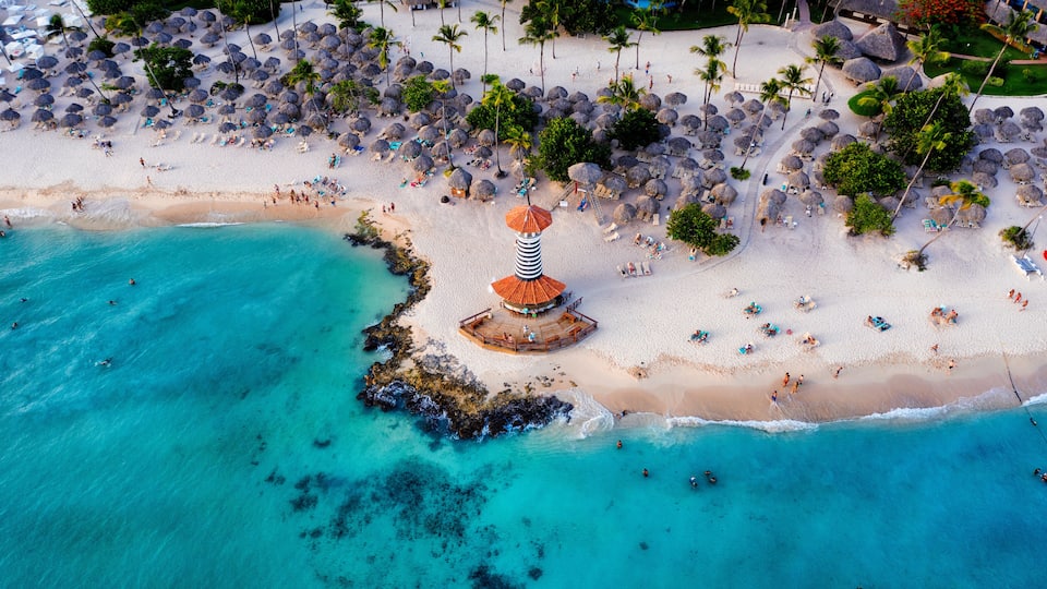 Dominican Republic Bayahibe beach Lighthouse aerial photo by drone. Crystal clear sea with beautiful beach.