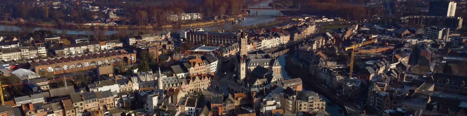 Aerial view of downtown Dendermonde, in East Flanders, Belgium