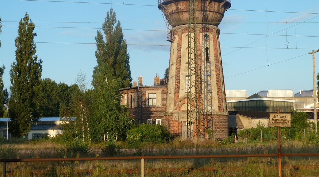 Railway water tower in Köthen, cultural heritage, view from station platform