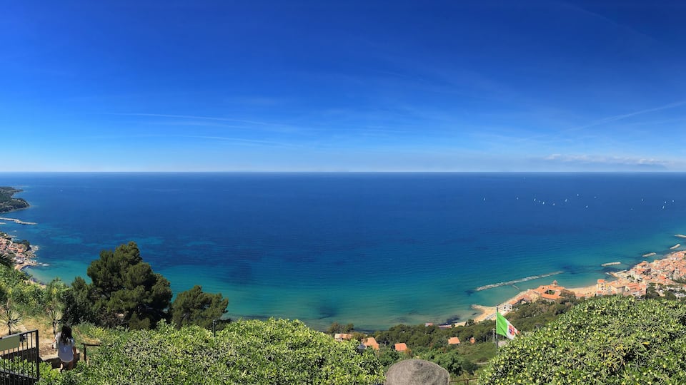 A coastal town with a clear view of the sea, lush greenery, and a distant shoreline.