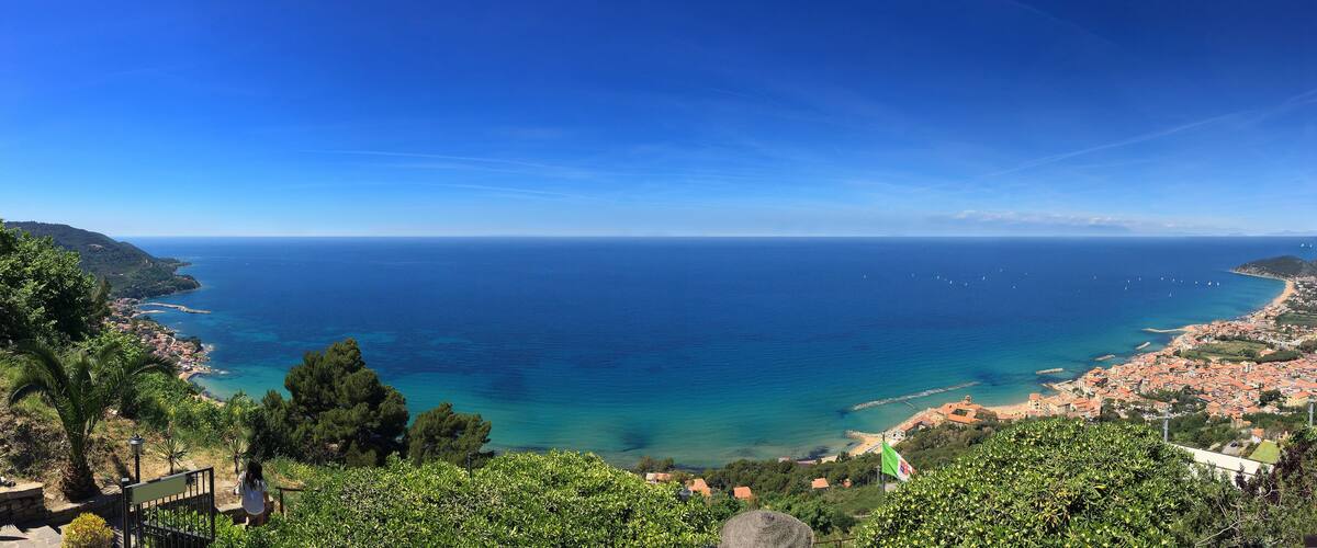 A coastal town with a clear view of the sea, lush greenery, and a distant shoreline.