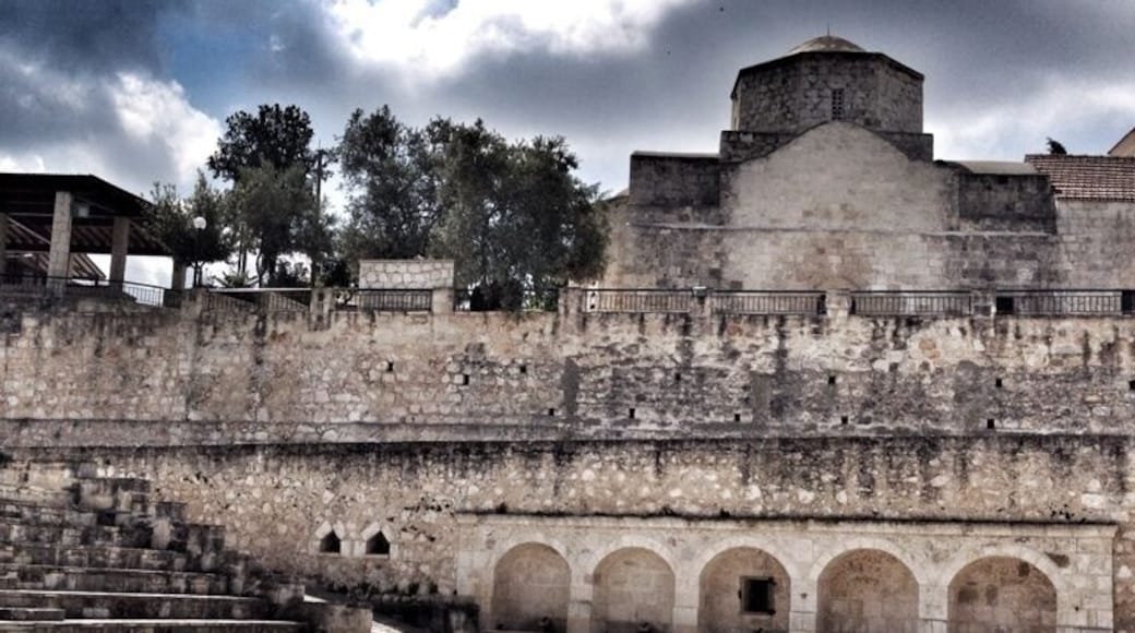 Picture of the pool in Lysos village with the church in the foreground