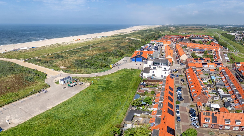 The coastal town of Ter Heijde aan Zee features a blend of green fields, sandy beaches, and vibrant rooftops
