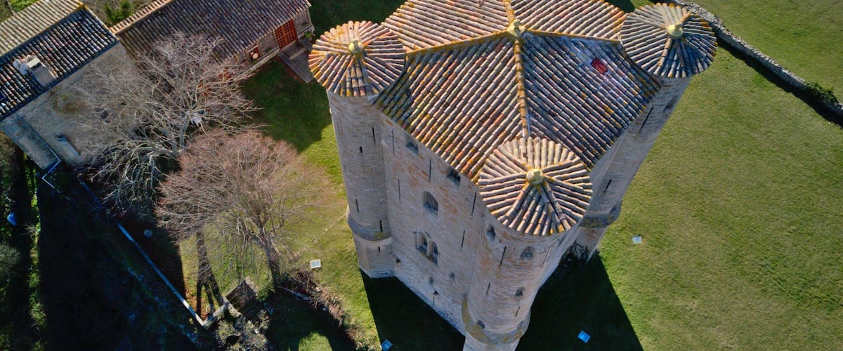 An aerial view of a historic tower with a unique tiled roof and a surrounding moat.
