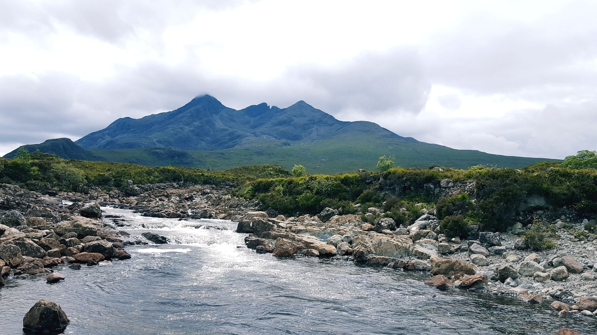 The Cuillans draw the eye again, this time from the bridge by the hotel at Sligachan.